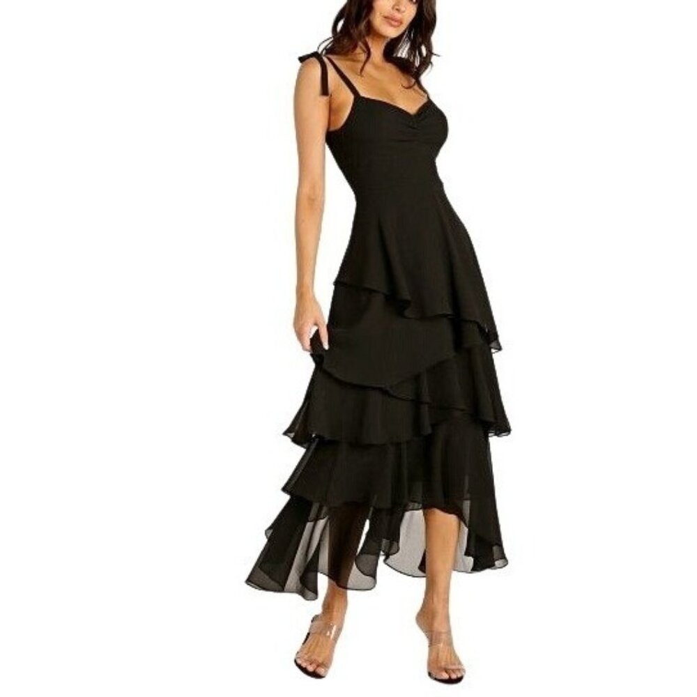 Flynn Skye NWT Black Dress Small Tiered Leona Ruffle Cut Out Sheer Bow Summer